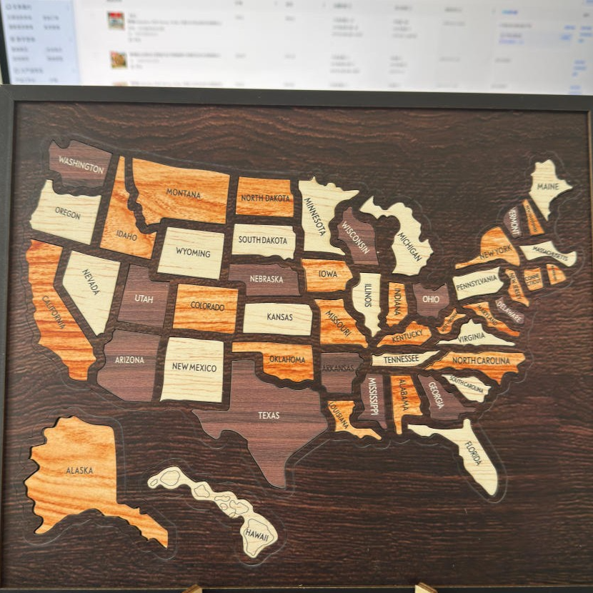 Wooden USA Map Puzzle Decor, Dimensions: With base: 11.81 x 0.28 x 9.69 in Without base: 11.73 x 0.28 x 9.69 in Weight: With base: 7.65 oz Without base: 7.05 oz