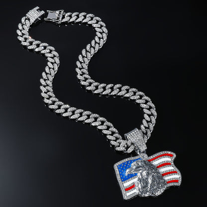 American flag pendant necklace. Material: Zinc alloy, rhinestones  Chain Length: 19.69 in  Pendant Size: 2.36 x 1.65 in