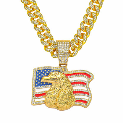 American flag pendant necklace. Material: Zinc alloy, rhinestones  Chain Length: 19.69 in  Pendant Size: 2.36 x 1.65 in