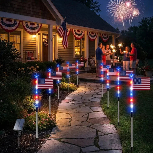 Solar Powered Patriotic Flag Light, LED Lights: Energy-efficient LED technology for bright and durable illumination, Total Wire Length: 21.98 ft