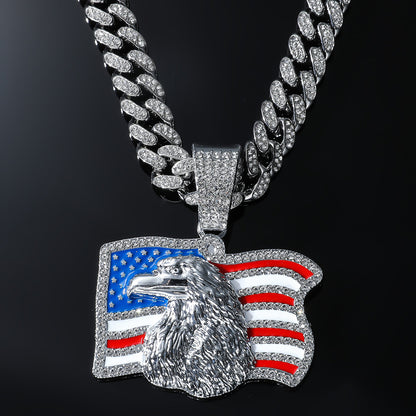 American flag pendant necklace. Material: Zinc alloy, rhinestones  Chain Length: 19.69 in  Pendant Size: 2.36 x 1.65 in