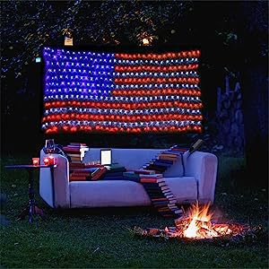 American Flag LED String Lights Decoration. Weather Resistance: IP44 protection rating suitable for outdoor decoration use. 390 LED lights for bright yet economical lighting. 6"6 inches of length