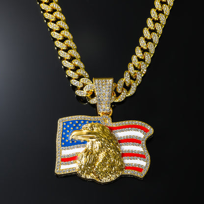 American flag pendant necklace. Material: Zinc alloy, rhinestones  Chain Length: 19.69 in  Pendant Size: 2.36 x 1.65 in