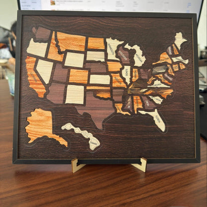 Wooden USA Map Puzzle Decor, Dimensions: With base: 11.81 x 0.28 x 9.69 in Without base: 11.73 x 0.28 x 9.69 in Weight: With base: 7.65 oz Without base: 7.05 oz