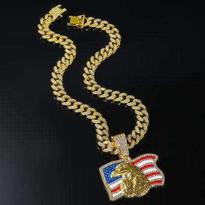 American flag pendant necklace. Material: Zinc alloy, rhinestones  Chain Length: 19.69 in  Pendant Size: 2.36 x 1.65 in